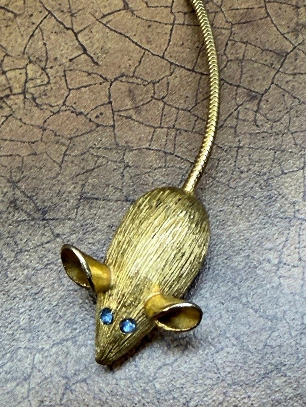 Mouse Brooch Pin with Chain in Gold & Blue Like New